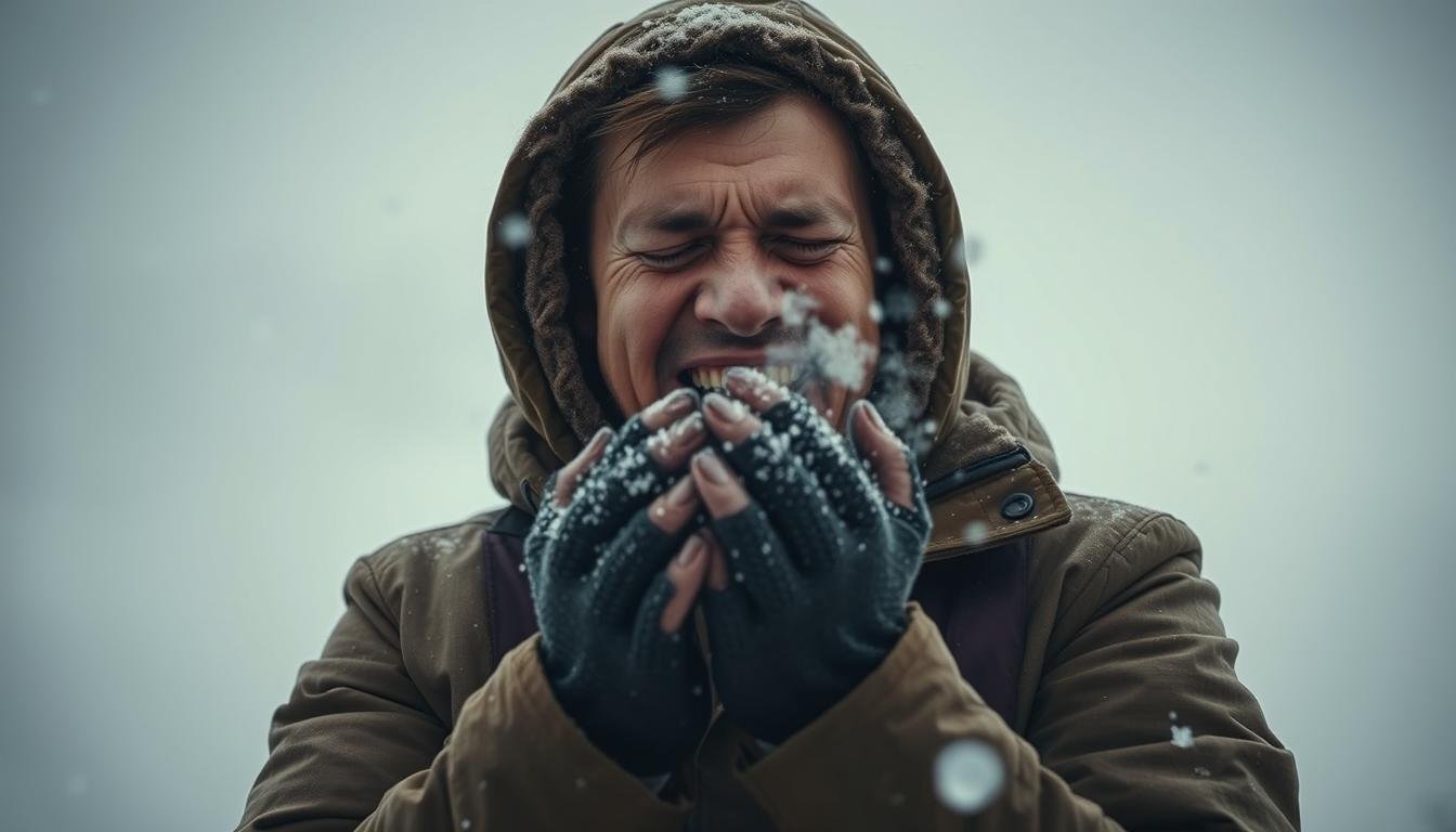 A shivering person bundled up in a heavy winter coat, teeth chattering, huddled against a bitter, howling wind. Snow swirls in the dim, overcast sky as they try to warm their hands, their breath visible in the frigid air. The person's expression conveys a sense of discomfort and a yearning for the comforting heat of a fireplace or a warm cup of tea. Soft, cool lighting creates a chilling, atmospheric mood, emphasizing the winter chill's impact on the body.